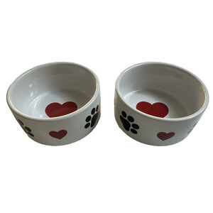 Celebrate It, 2 Pet Bowls Ceramic Hearts Paw Print Red White Black, Small Pet